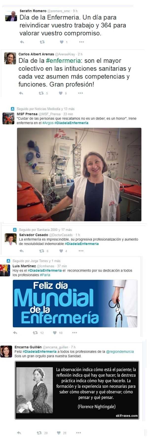 Algunos de los tweet de médicos en los que felicitan a sus compañeros de Enfermería.