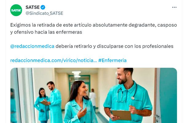 El tweet del sindicato Satse pidiendo la retirada del artículo de Redacción Médica.