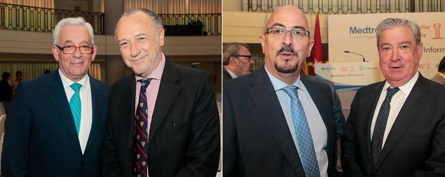Sanchez Martos y José María Pino, presidente de Sanitaria 2000. A la derecha, César Pascual, director general de Coordinación de la Asistencia Sanitaria, y Félix Bravo, presidente de la territorial madrileña de Sedisa.