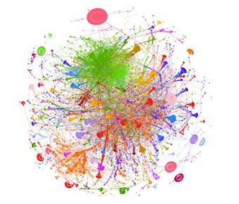 Representación de los nodos de las conversaciones sanitarias. El verde es Pedro Sánchez.