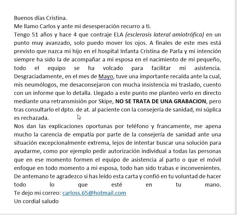 La carta enviada por Carlos a la presidenta de la Comunidad de Madrid, Cristina Cifuentes.