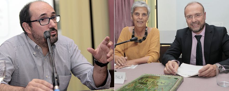 En la primera instantánea, el psiquiatra David Fraguas durante su conferencia. A la dcha., la presidenta de Amafe, Amalia Catalá, y Julio Zarco.