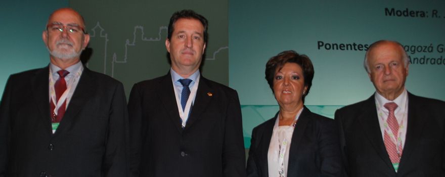 Jaime Giner, presidente del Colegio de Farmacéuticos de Valencia; Ramón Jordán, presidente del Colegio de Farmacéuticos de Zaragoza; Elena Andradas, directora general de Salud Pública del Ministerio de Sanidad, y Francisco Zaragozá, vocal de Formación del Consejo General de Farmacéuticos. 