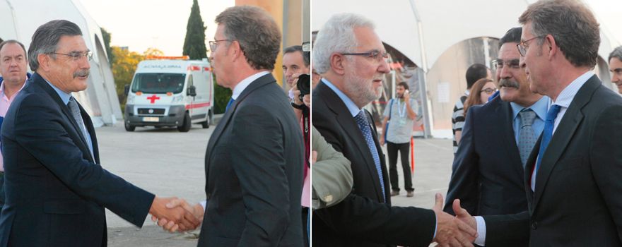 El presidente de la Xunta de Galicia salud a José Luis Llisterri (en la imagen de la izquierda) y a Miguel Ángel Santalices, presidente del Parlamento gallego.