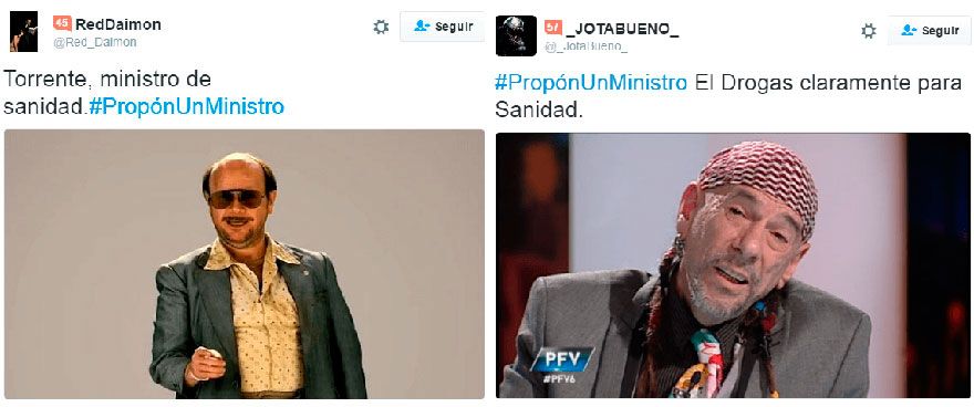 Los tuits con las candidaturas de Torrente y 'El Drogas', el cantante de Barricada. 