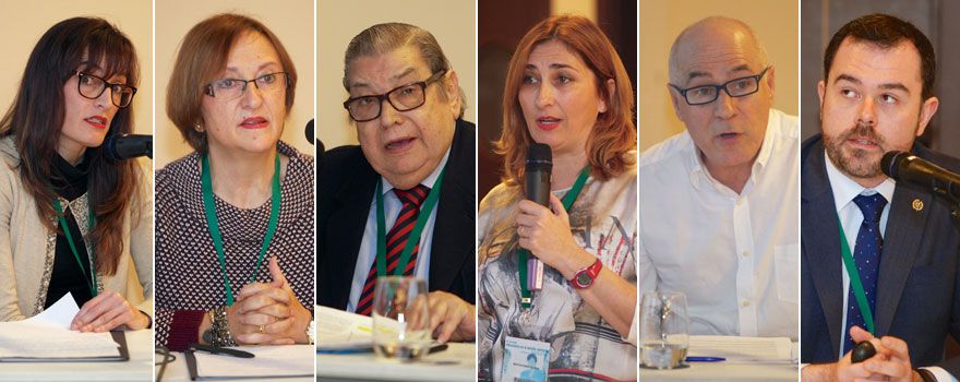 Rocío Práxedes, secretaria del Consejo General de Dietistas Nutricionistas de España; María Esther Fontán, presidenta de Aims; Ángel Rodríguez, presidente de la Comisión de Intrusismo del Consejo General de Odontólogos; Yolanda Marcén Román, vocal de la Junta de Gobierno del Ilustre Colegio de Fisioterapeutas de Aragón;  Antonio Clemente, secretario de la Junta de Gobierno del Consejo de Colegios de Logopedas; y Borja Pérez, miembro de la Comisión de Intrusismo del Consejo General de Colegios Oficiales de Podologos de España.