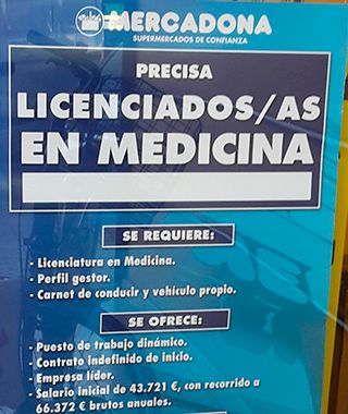Extracto de la oferta e empleo de Mercadona para licenciados en Medicina.