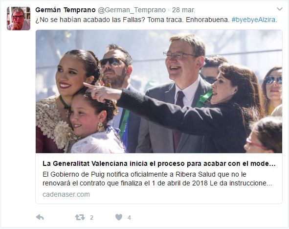 Imagen del polémico tweet de Germán Temprano.