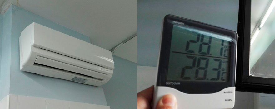 Imagen del aparato de aire acondicionado sin funcionar y de las temperaturas que marca el termómetro en Can Vidalet.