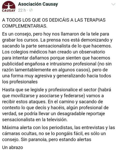 El mensaje publicado en Facebook por Causay. 