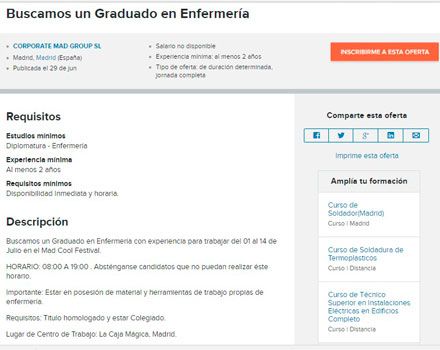 Detalle de la oferta de trabajo que ha indignado a Enfermería. 