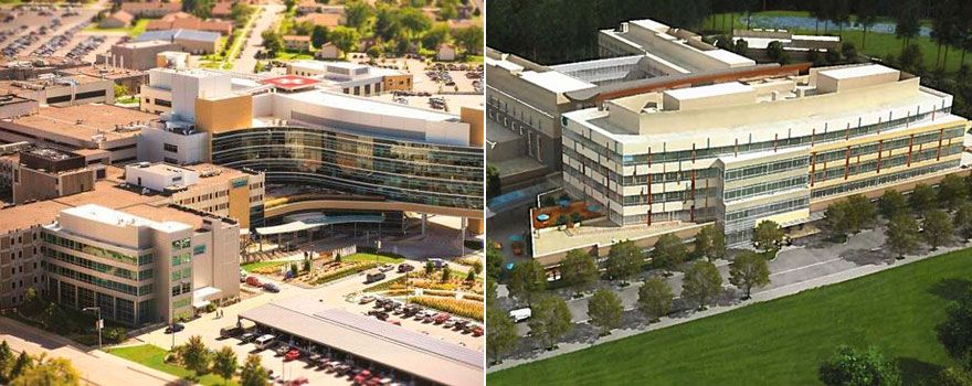 A la izquierda, imagen del Hospital de Cleveland. A la derecha, el Hospital Gundersen La Crosse. 
