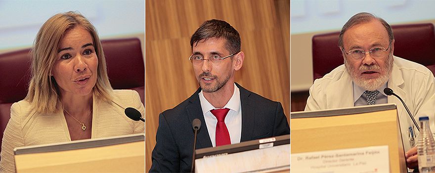Miriam Rabaneda, directora general de Planificación, Investigación y Formación de la Consejería de Sanidad de la Comunidad de Madrid; Eduardo López-Collazo, director científico de IdiPaz; y el director gerente del Hospital La Paz, Rafael Pérez-Santamarina.  