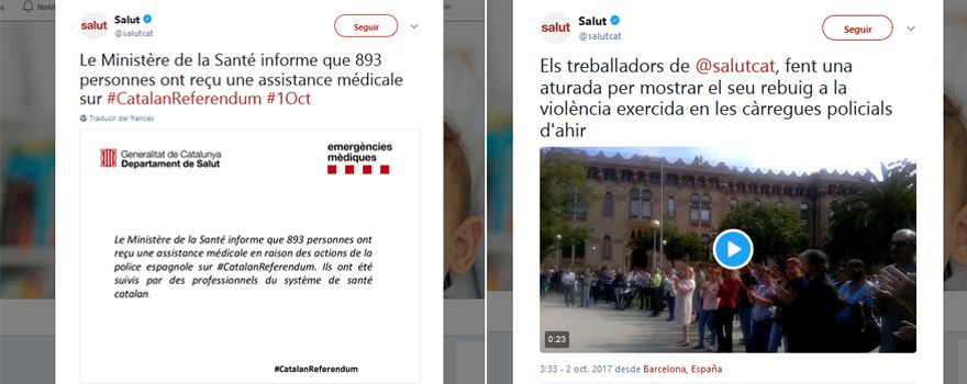 Pantallazos del prefil de Twitter @SalutCat con los referidos tuits en los que se autodenominan Ministerio y difunden las protestas.