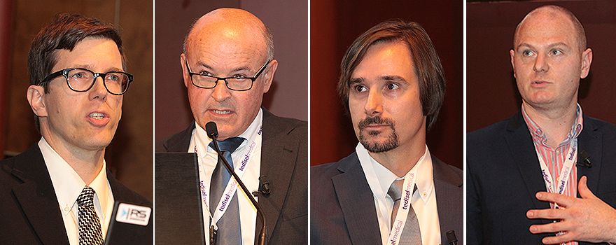 Los ponentes de la mesa de debate 'Centros sanitarios inteligentes' en un momento de su intervenció: Michael Halle, director of Tecnology Development at the Surgical Planning Lab at Brigham and Women's Hospitan In Boston of Radiology at Harvard Medical School; Blas J. Galván, director de Grupo de Investigación del Centro de Aplicaciones Numéricas en Ingeniería de la Universidad de Las Palmas de Gran Canaría; René Lambert, head of controllig de Vinzez Group; y Adam Chapman, saldes director Europe Healthcare & Pharma de Honeywell.