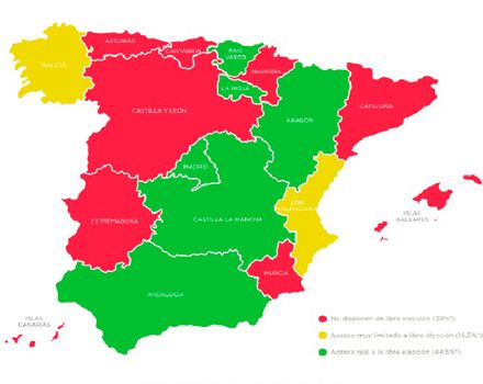 Situación de la libre elección sanitaria por CCAA. Fuente: Instituto Coordenadas de la Gobernanza Aplicada.