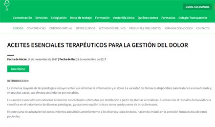 Curso de aceites esenciales terapéuticos en la web del Colegio de Farmacéuticos de Madrid.