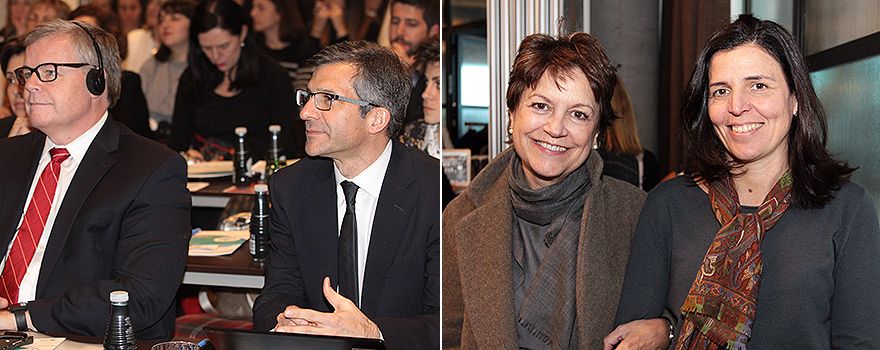  Douglas Scheckelhoff, vicepresidente de la ASHP; Miguel Ángel Calleja, presidente de la SEFH. A la derecha: María Sanjurjo, jefa de Farmacia del Gregorio Marañón, y Ana Herranz, farmacéutica del mismo Servicio.
