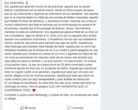 Texto completo sobre el trabajo sanitario publicado en Facebook. 