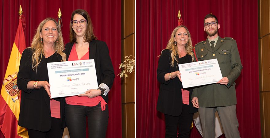 Pilar Sánchez Díaz, responsable de Relaciones Institucionales de Grupo CTO, entrega el premio a la mejor comunicación Oral a Carmen García. A la derecha, Pilar Sánchez entrega el premio Accesit comunicación oral a Pablo Picaporte. 