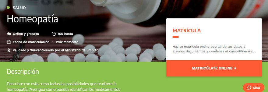Imagen del curso que ofrece la web Prospera sobre homeopatía, subvencionado por el Minsterio de Empleo.