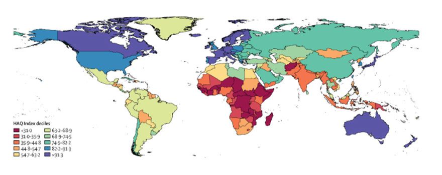 Mapa con la posición de España y el resto de países según el estudio realizado por The Lancet.
