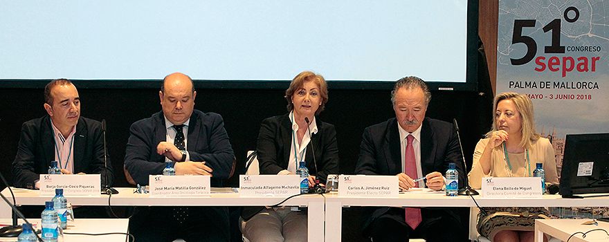 Borja García-Cosío; José María Matilla; Inmaculada Alfageme; Carlos A. Jiménez-Ruiz; y Elena Bollo, durante la rueda de prensa previa al 51º Congreso de Separ. 