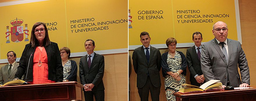 Teresa Riesgo Alcaide jura el cargo como directora general de Investigación, Desarrollo e Innovación del Ministerio de Ciencia, Innovación y Universidades. A la derecha,  José Manuel Pingarrón Carrazón promete su cargo como nuevo secretario general de Universidades.