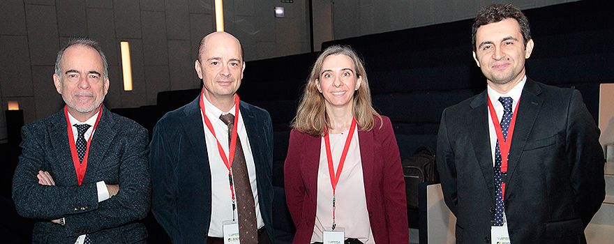 Jesús Santamaría Ramiro, catedrático de Ingeniería Química de la Universidad de Zaragoza; Luis Pablo Julvez, jefe de Servicio de Oftalmología del Hospital Universitario Miguel Servet, sectores Zaragoza I y II y catedrático de Oftalmología de la Universidad de Zaragoza; Mª Ángeles Pérez, profesora titular del Departamento de Ingeniería Mecánica de la Universidad de Zaragoza; y Pedro Miguel Baptista, investigador principal del Grupo Patología Digestiva del Instituto de Investigación Sanitaria.