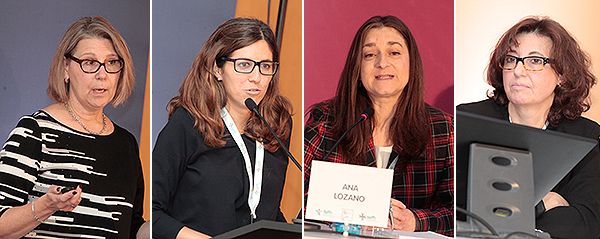 Christene Jolowsky, expresidenta de la EAHP; Carmen Rodríguez, farmacéutica del Gregorio Marañón; Ana Lozano, vicepresidenta de la SEFH, y María José Calvo Alcántara, subdirectora general de Farmacia del Sermas.