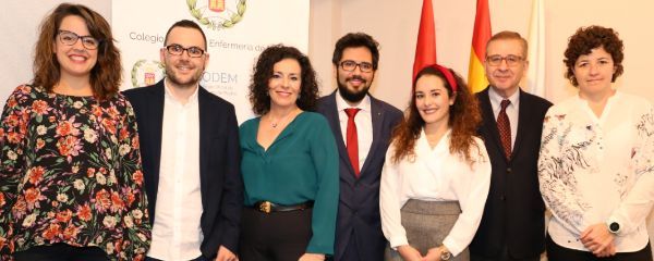 Jorge Andrada, presidente del Codem, y Miriam Hernández, vocal de la Junta de Gobierno del Codem: Miriam Hernández; Alberto Villaverde Núñez, finalista del Hospital del Henares; Carmen Lobo Rodríguez, ganadora de la Beca del Hospital Gregorio Marañón; José Abad Valle, finalista de la Fundación Jiménez Díaz; María José Acuña Jiménez, del Hospital Gregorio Marañón; Jorge Andrada; y Ana Martínez Serrano.