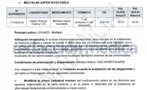 Acta de la reunión de la Comisión Interministerial de Precio de los Medicamentos (CIPM) del 8 de febrero donde se recoge el acuerdo favorable por Melfalan Aspen Inyectable.