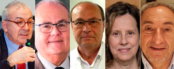 Joaquim Gea, decano de Medicina de la UPF; Antoni Trilla, decano de Medicina de la UB; Vicent Fonollosa, decano de Medicina de la UAB; Anna Casanovas, decana de Medicina de la UdL; y Joan San, decano de Medicina de la UdG.