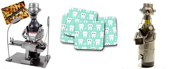 Botelleros con forma de médicos o cirujanos y posavasos para dentistas.