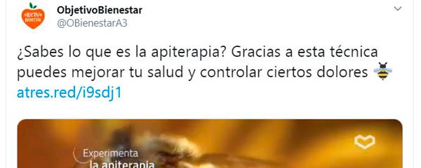 Imagen de la promoción de Atresmedia de la apiterapia, sin evidencia demostrada.