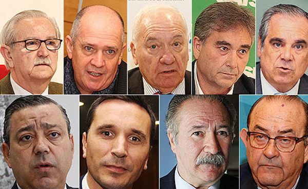 Serafín Romero; Gabriel del Pozo; Florentino Pérez Raya; Manuel Cascos; Jesús Aguilar. Abajo, Óscar Castro; Fernando Ramos; Carlos A. Jiménez; Antonio Fernández Pro. 