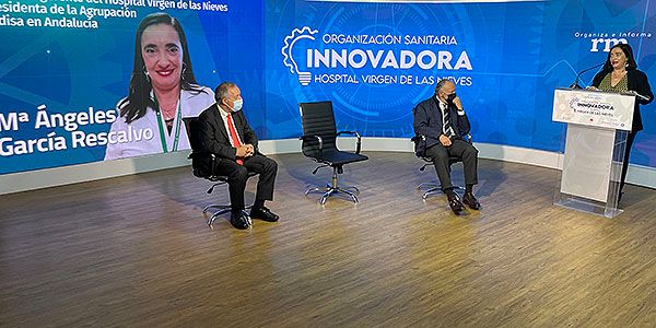 José Soto, presidente de SEDISA, y José María Pino, presidente editor de Redacción Médica, escuchan a María Ángeles García. 
