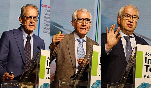 Rafael Cantón, jefe de Servicio de Microbiología del Hospital Ramón y Cajal y presidente de la Sociedad Española de Microbiología; Luis Rodríguez, jefe de Servicio de Cardiología del Hospital Universitario de Toledo y presidente de la Sociedad Española de Cardiología; y Emili Esteve, director del Departamento Técnico de Farmaindustria.