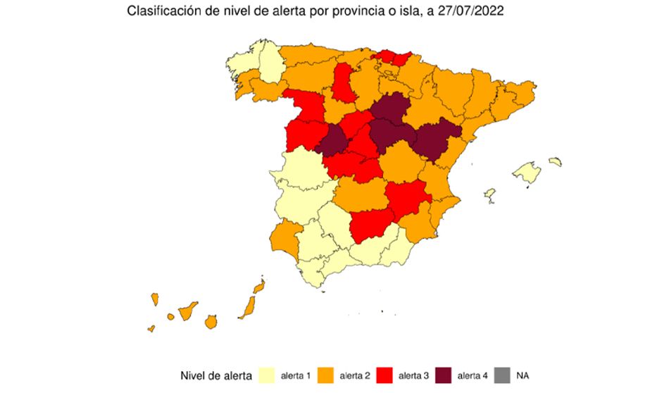 Nivel de alerta epidemiológica por provincias. Ministerio de Sanidad. 