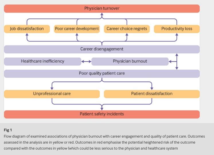 Diagrama de flujo de las asociaciones examinadas del burnout de los médicos con el compromiso profesional y la calidad de la atención al paciente. Los resultados evaluados en el análisis están en amarillo o rojo. Los resultados en rojo enfatizan el mayor riesgo potencial del resultado en comparación con los resultados en amarillo (que podrían ser menos graves para el médico y el sistema de atención médica).