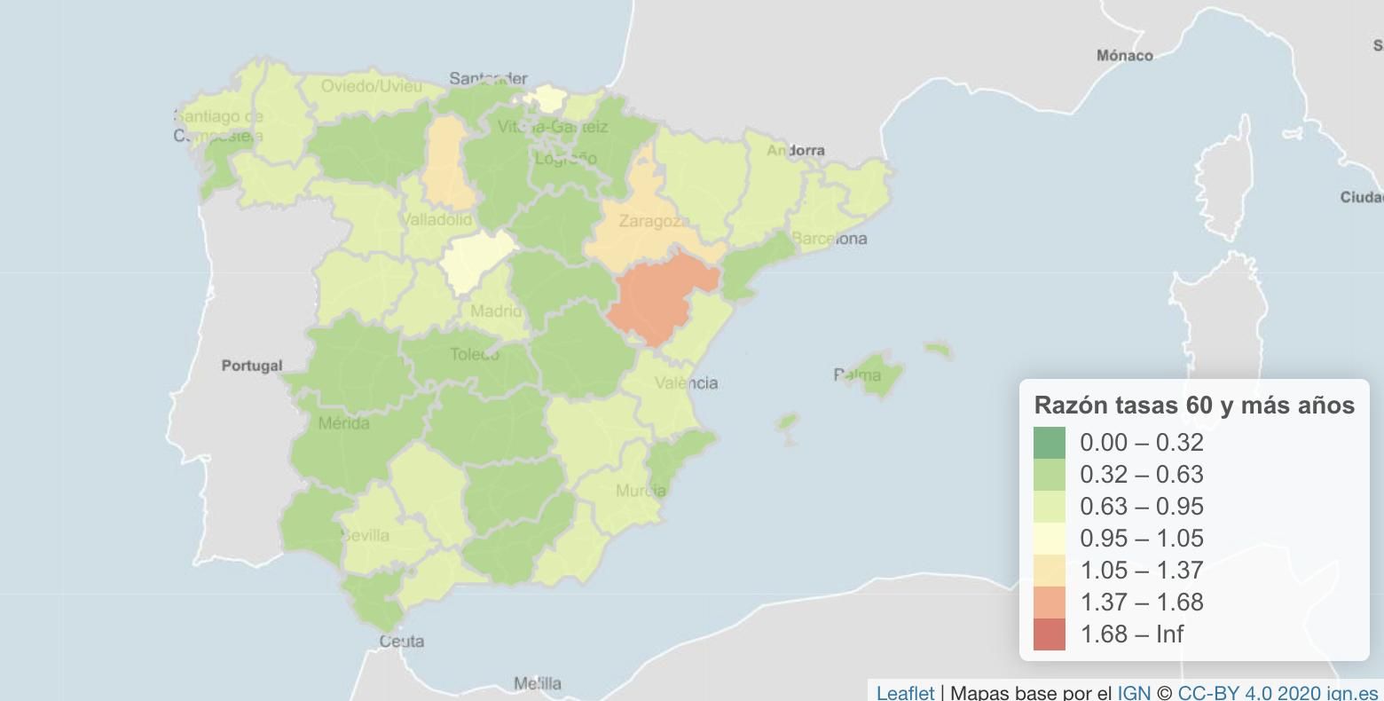  Mapa de la razón entre las dos tasas de incidencia acumulada de Covid-19 por provincia.