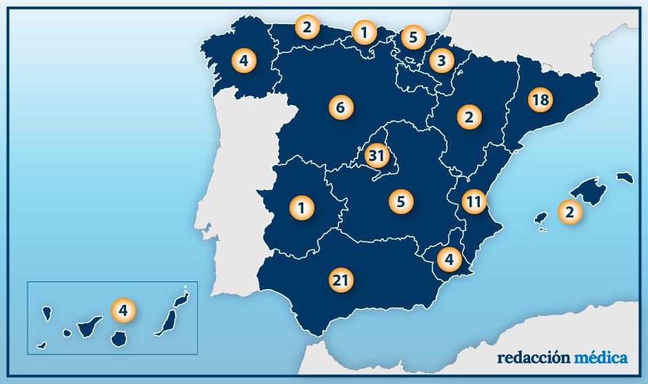 Distribución por CCAA del total de plazas MIR 2023 para Dermatología.