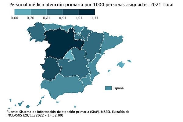 Mapa del personal médico de Atención Primaria por cada mil habitantes en 2021
