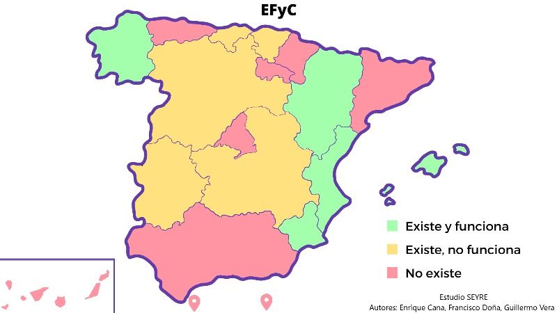 Mapa con la situación de España a nivel de creación de bolsas específicas de Enfermería Familiar y Comunitaria - AEIR
