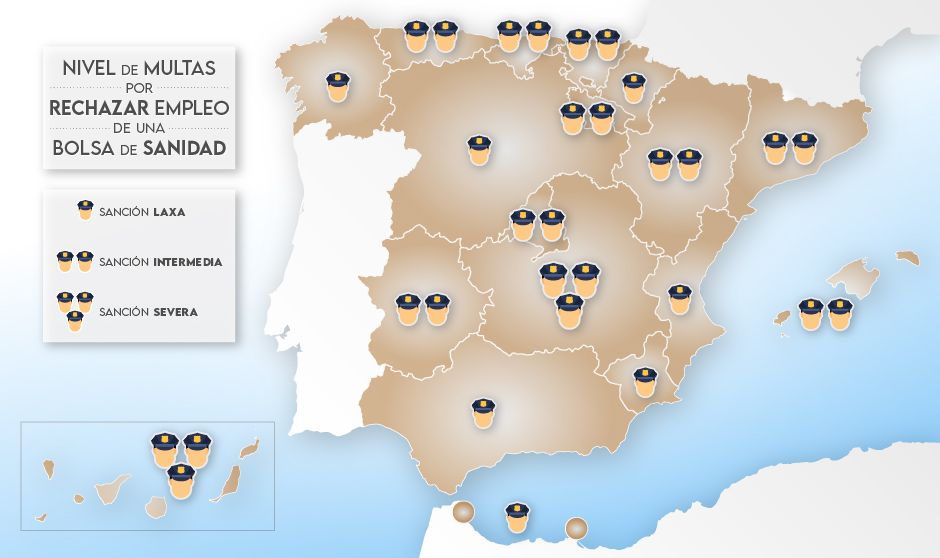 Mapa de las sanciones, por comunidades autónomas, cuando un sanitario rechaza una oferta de trabajo