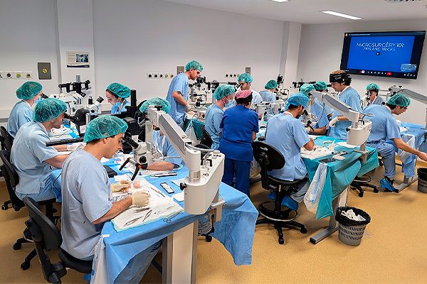 Los alumnos de la XXXVIII edición del curso de microcirugía de mano durante una sesión práctica en el Centro de Investigación Biomédica de Aragón (CIBA).