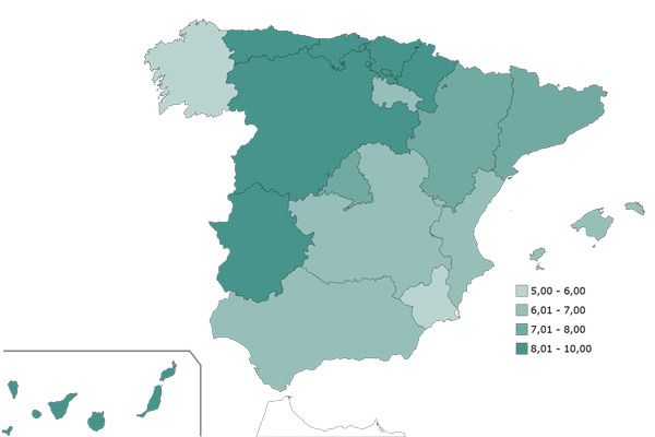Tabla con el grado de enfermeras colegiadas por cada 1.000 habitantes.