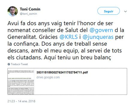El tweet de Comín por el que difundió el documento.