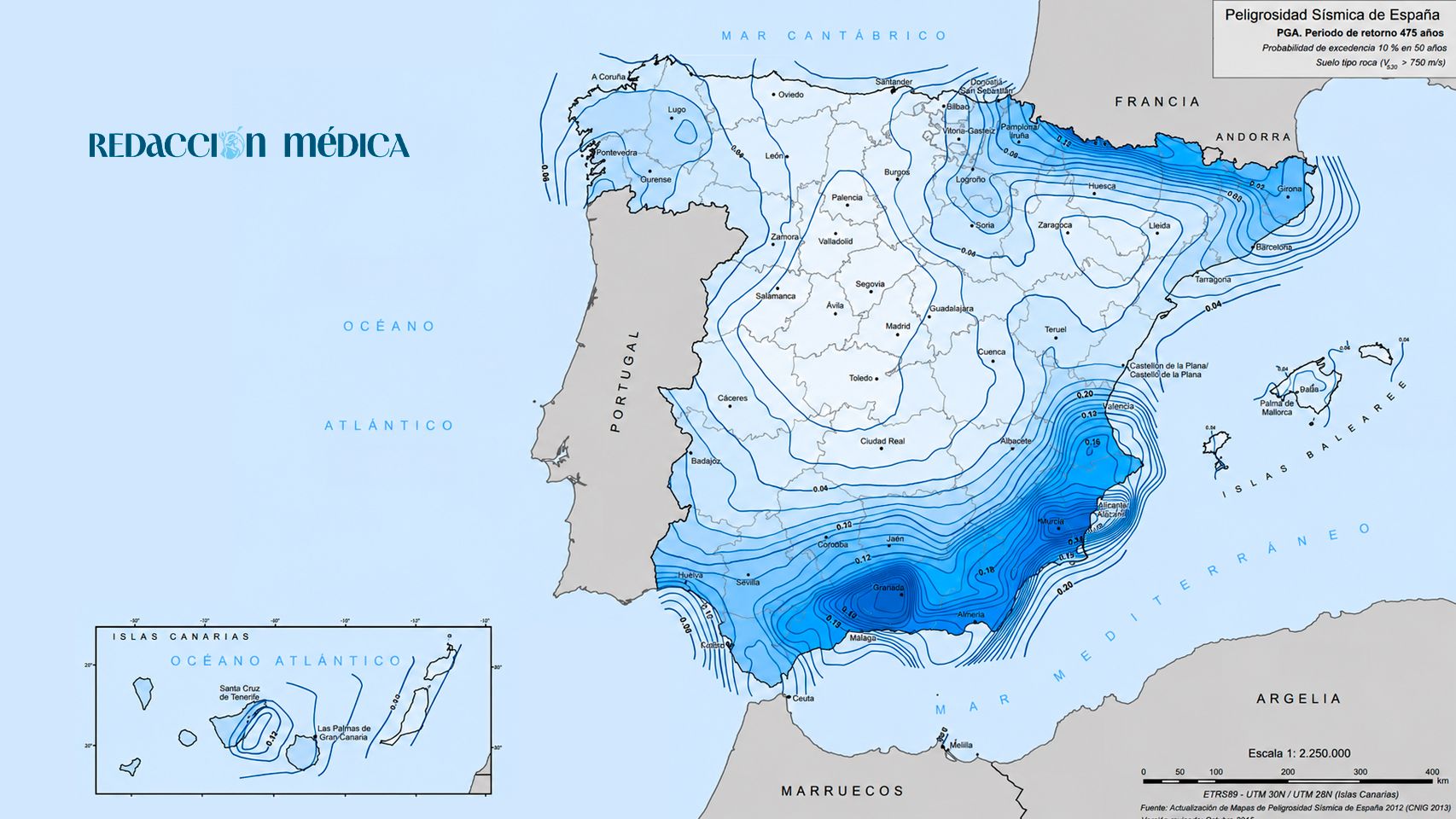 Mapa de sismicidad en España.